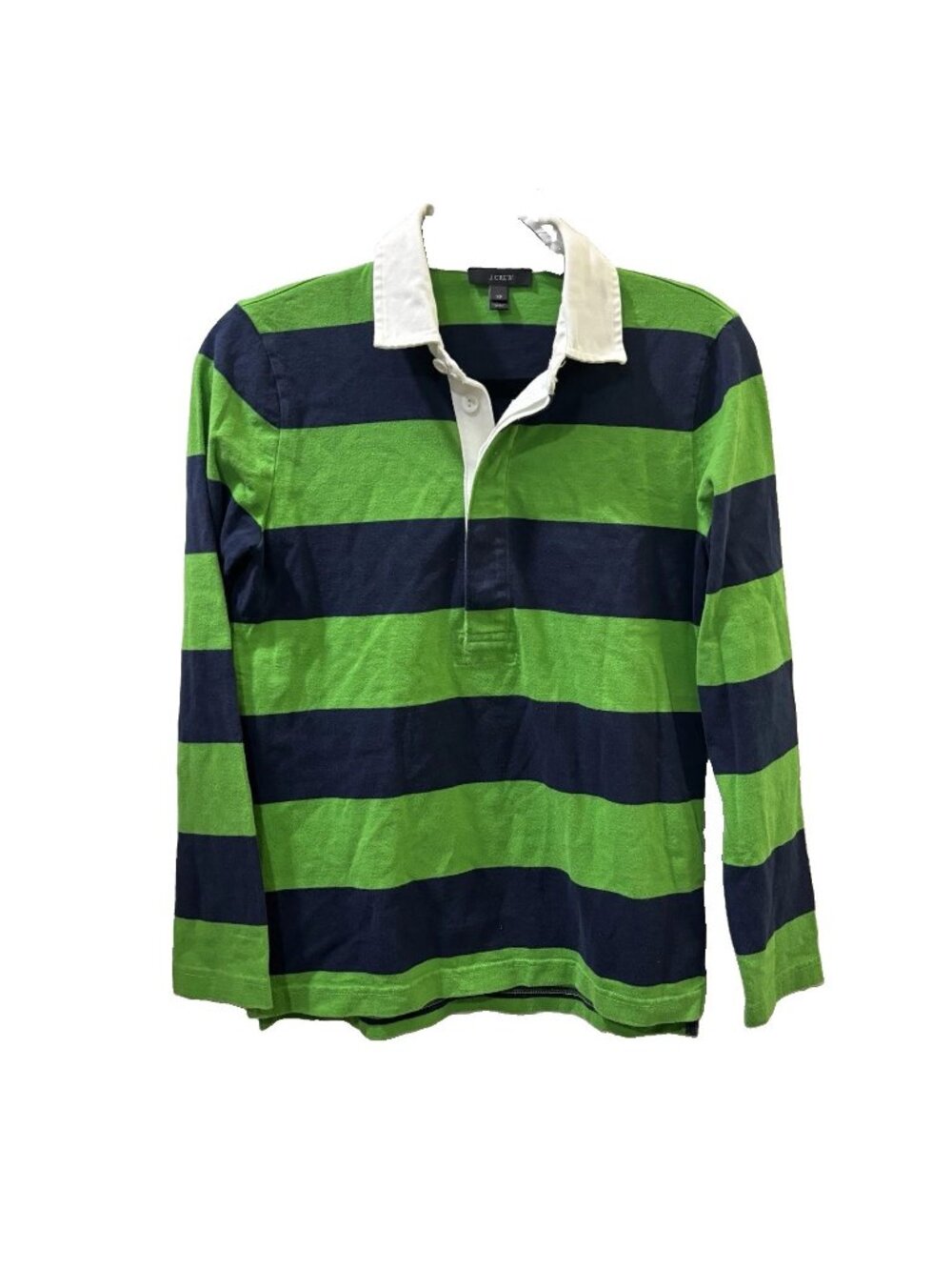J.CREW Rugby Polo Shirt Men XS Long Sleeve Striped Green Navy White Cotton